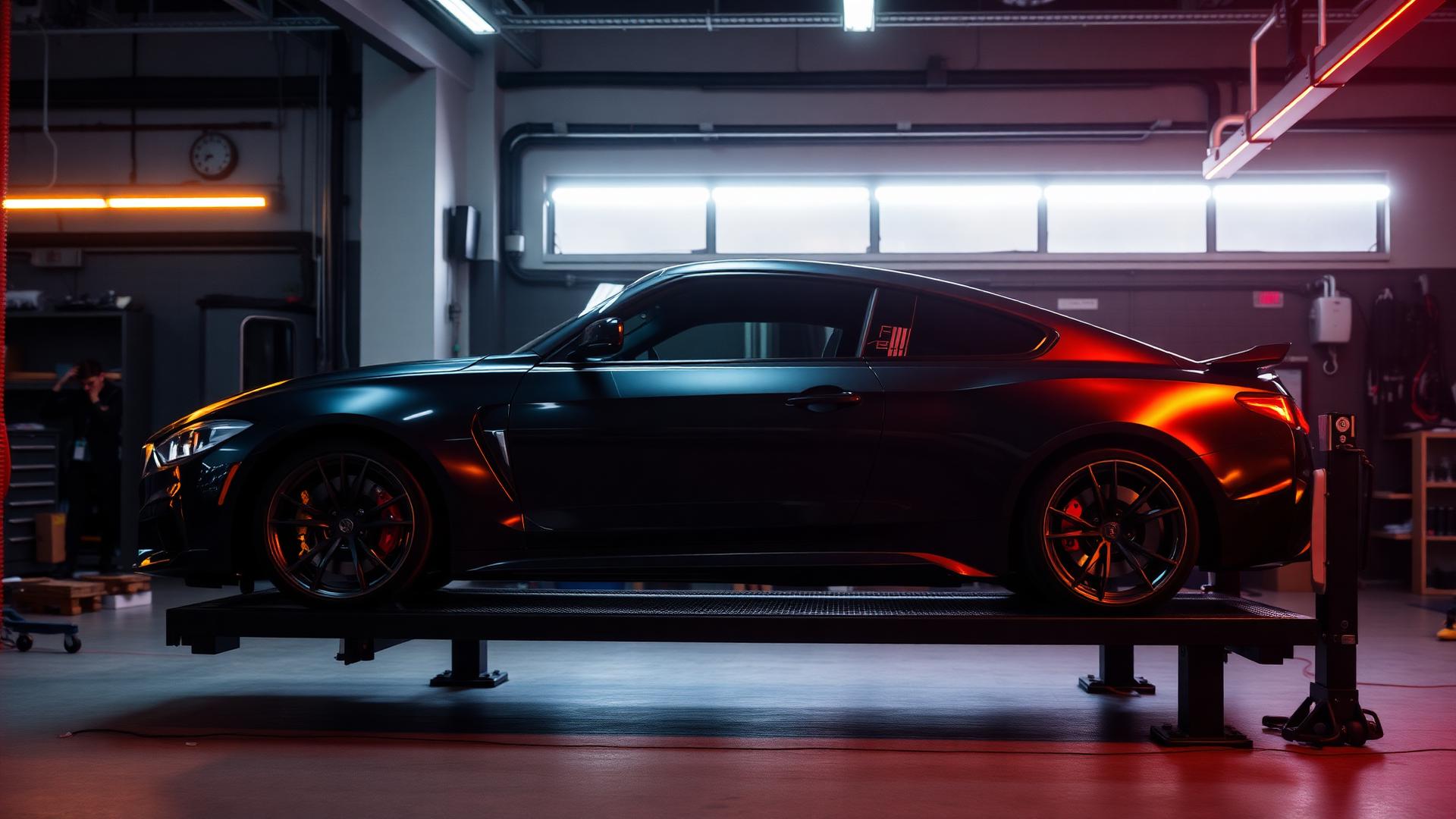 Car raised for inspection in a modern automotive workshop